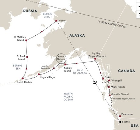 Map for Alaska and British Columbia – Inside Passage, Bears and Aleutian Islands Expedition Cruise