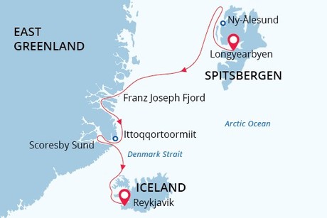 Map for Arctic Odyssey Under a Solar Eclipse - Svalbard, Greenland & Iceland Expedition Cruise