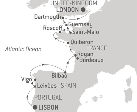 Map for Atlantic Shores and the Channel Coastline - Portugal, Spain and France Luxury Cruise