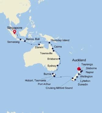 Map for Auckland to Singapore All Inclusive 35 Day Luxury Cruise