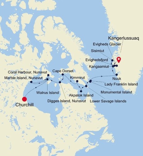 Map for Churchill, Manitoba to Kangerlussuaq Luxury Cruise