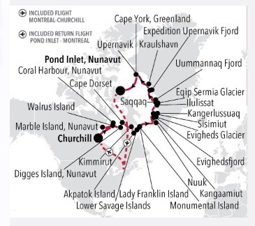 Map for Churchill to Pond Inlet - Canada & Greenland Luxury Expedition Cruise