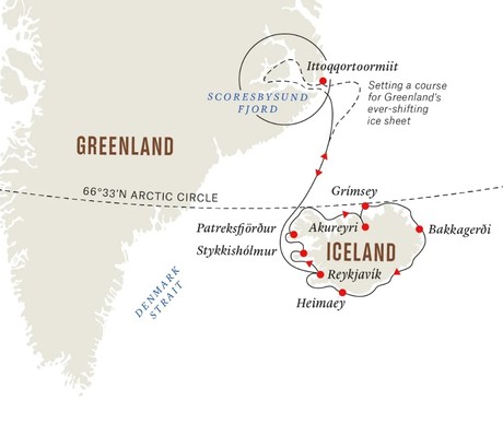 Map for Circumnavigating Iceland and Fjords of East Greenland aboard Fram