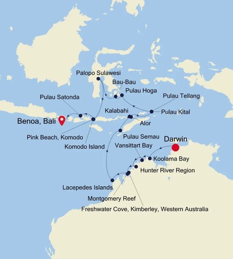 Map for Darwin to Bali - 19 Day Kimberley & Indonesia Luxury Cruise
