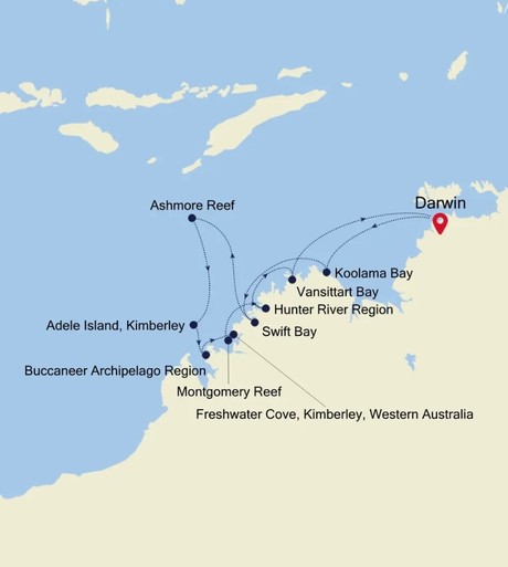 Map for Darwin to Darwin - 13 Day Kimberley Luxury Cruise