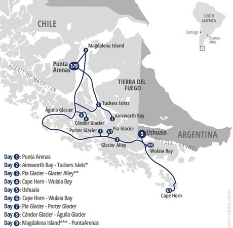 Map for Darwin's Route from Punta Arenas - Patagonia Small Ship Cruise
