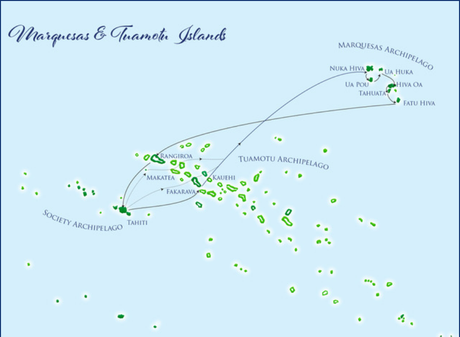 Map for Marquesas Islands, Tuamotu and Society Islands Cruise