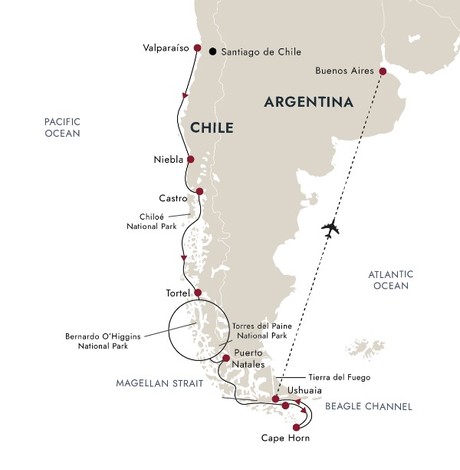 Map for Chilean Fjords – Discovering the Heart of Patagonia Small Ship Cruise