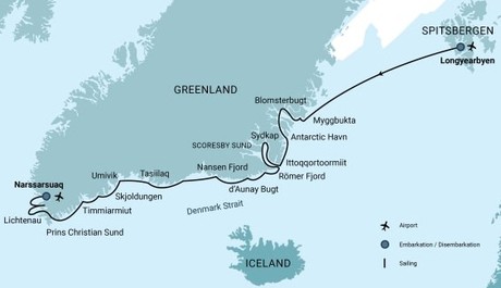 Map for East and South Greenland Explorer, Aurora Borealis, Incl. Flight from Narsarsuaq to Copenhagen