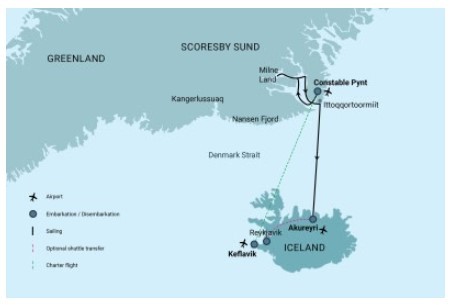 Map for East Greenland - Scoresby Sund - Iceland, Aurora Borealis, Fly & Sail