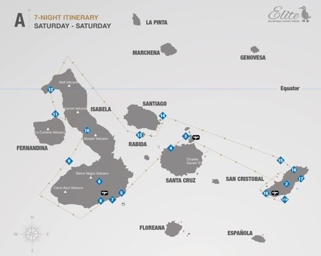 Map for Elite 7-Night Cruise in Eastern & Western Galapagos
