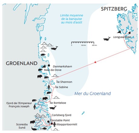Map for Polar Route from Longyearbyen to Akureyri - Greenland & Spitsbergen Expedition Cruise