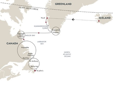 Map for Greenland, Labrador and Newfoundland - Encounters at the Edge Expedition Cruise