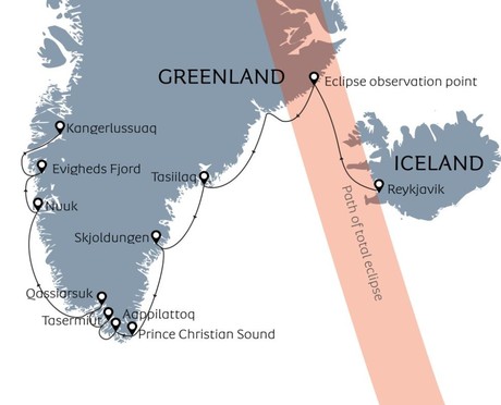 Map for Greenland Solar Eclipse Expedition Cruise 2026