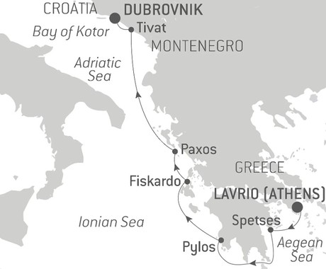 Map for Island Hopping Sailing Cruise from Athens to Dubrovnik
