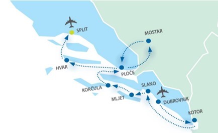Map for Dubrovnik to Split via Kotor Bay luxury cruise