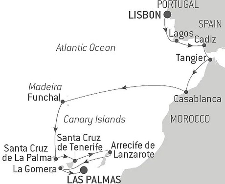 Map for Lisbon to the Canary Islands by Sea: Spain, Morocco, & Atlantic Isles – with Smithsonian Journeys