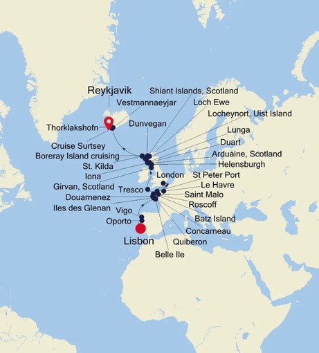 Map for Lisbon to Reykjavik - 29 Day Spain, Portugal, France & Scotland Luxury Cruise 