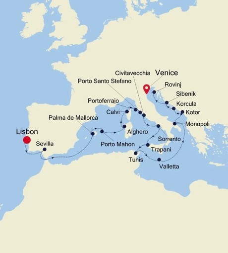 Map for Lisbon to Venice