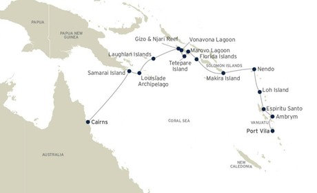 Map for The Louisiades, Solomons & Vanuatu - From Cairns to Port Vila Cruise