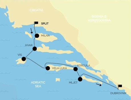 Map for Croatia Luxury Cruise: from Split to Dubrovnik