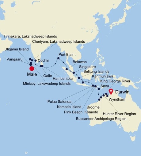 Map for Male to Darwin - 35 Day Indonesia & Australia Luxury Cruise