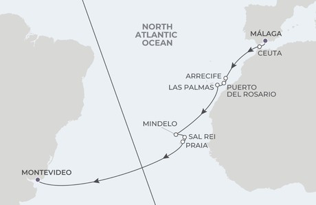 Map for Canaries & Ocean Horizons - 21 Night Cruise Malaga to Montevideo
