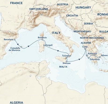 Map for Mediterranean Wonders: Sicily, Greece, Sardinia Cruise and Beyond