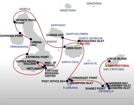 Map for Natural Paradise Galapagos 8 Day B Luxury Voyage