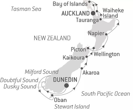 Map for New Zealand Mosaic - 16 Day Cruise from Dunedin to Auckland