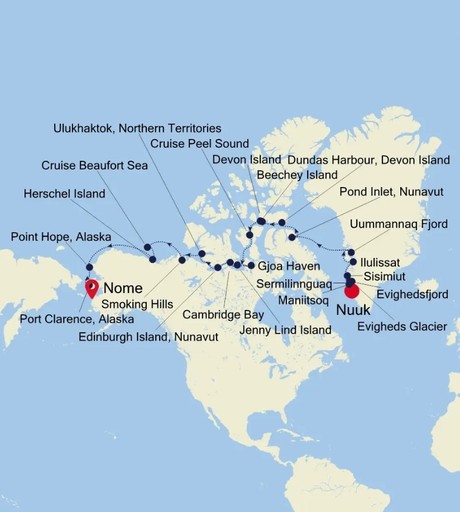 Map for Nuuk to Nome - 26 Day Northwest Passage Luxury Expedition Cruise