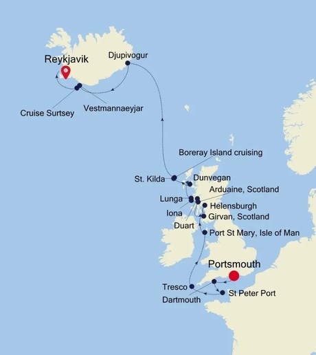 Map for Portsmouth to Reykjavik - 17 Day British Isles & Iceland Luxury Expedition Cruise