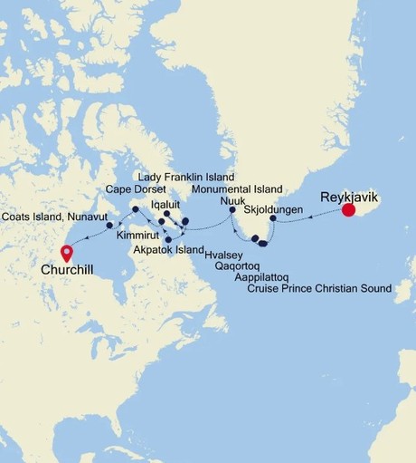 Map for Reykjavik to Churchill - 19 Day Greenland & Canada Luxury Cruise