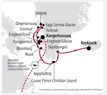 Map for Reykjavik to Kangerlussuaq - 15 Day Greenland & Iceland Expedition Cruise