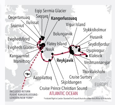 Map for Reykjavik to Kangerlussuaq - 25 Day Greenland & Iceland Expedition Cruise