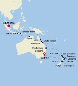 Map for Singapore to Sydney 35 Day All Inclusive Luxury Cruise