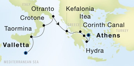 Map for Secluded Southern Italy & Greece - Valletta to Athens 8 Day Cruise
