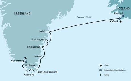 Map for South Greenland Explorer, Aurora Borealis, Incl. Flight from Copenhagen to Narsarsuaq