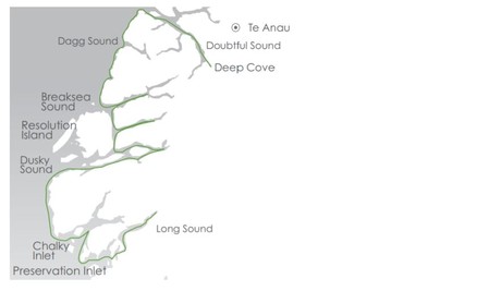 Map for Southern Fiords Discovery: A Deep Exploration of Fiordland's Southern Fiords