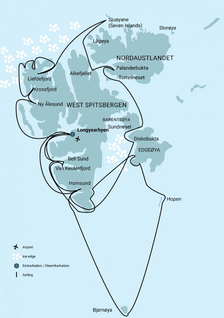 Map for 18 Days Extended East and Around Spitsbergen
