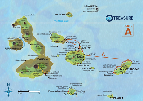 Map for Galapagos 5 Day Route A aboard Treasure of Galapagos