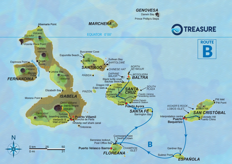 Map for Galapagos 5 Day Route B aboard Treasure of Galapagos