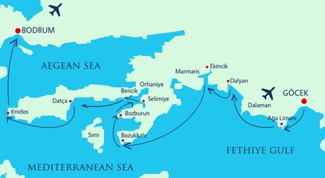 Map for Turquoise Coast Luxury Gulet Turkey Cruise Gocek to Bodrum