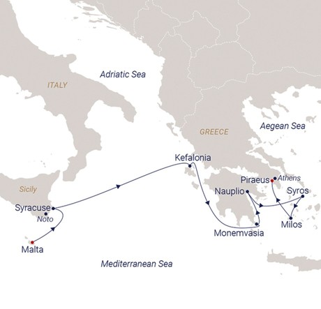Map for Valletta to Athens - 10 Day Greek Islands Sailing Cruise