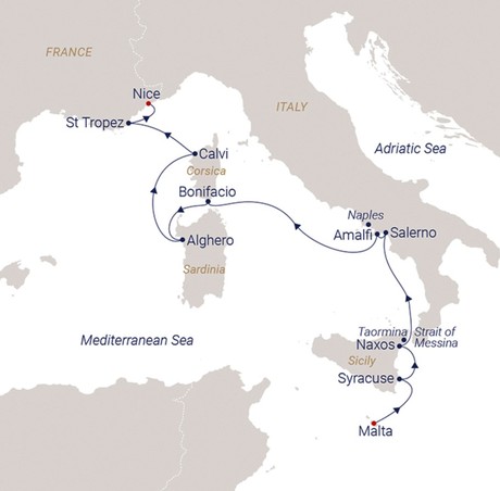 Map for Valletta to Nice - 11 Day Mediterranean Sailing Cruise