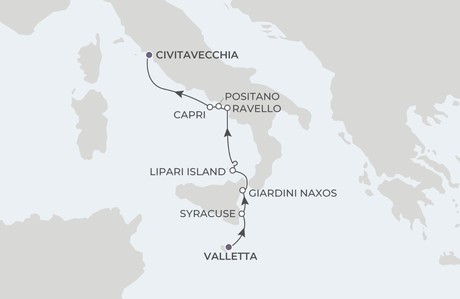 Map for Italian Treasures - 8 Night Cruise Valletta to Rome
