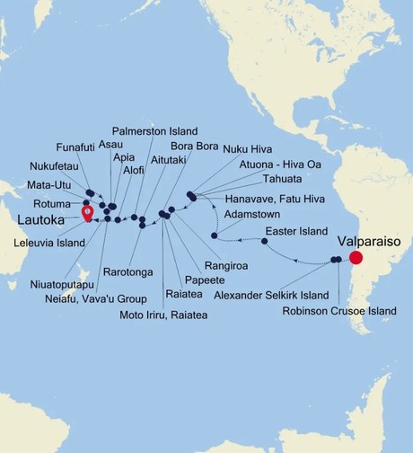 Map for Valparaiso to Lautoka - 52 Day South Pacific Luxury Expedition Cruise