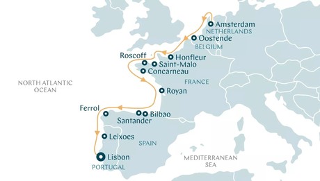 Map for Historic Ports of The Western Seaboard - Netherlands, Belgium, France, Spain & Portugal Cruise
