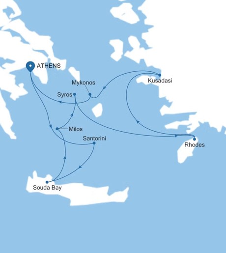 Map for 10 Days Luxury Greek Isles Cruise - Athens to Athens