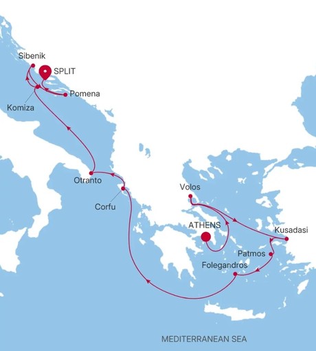 Map for 11 Days Luxury Mediterranean Cruise - Athens to Split